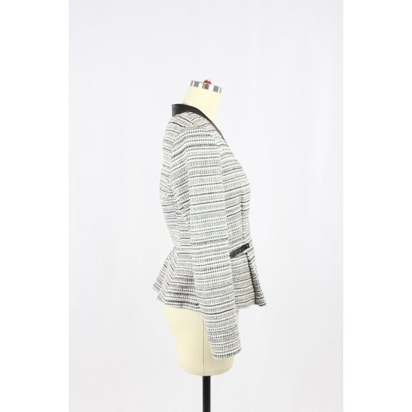 REBECCA TAYLOR Grey Striped Cotton Tweed Leather Trim Peplum Blazer, Size 6 - Picture 2 of 16